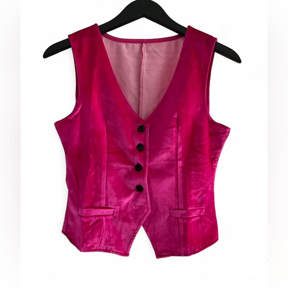 NWOT Y2K Retro | SZ M | Velvet Pink Boho Button-Up Vest Top - Picture 4 of 8